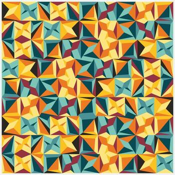 A vibrant geometric repeating pattern featuring interlocking pyramids in shades of teal, orange, yellow, and burgundy, creating a dynamic visual texture. vector