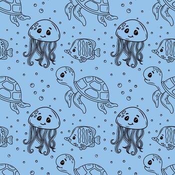 sin costura modelo con Medusa, tortugas y pez. caracteres en un kawaii estilo. contorno elementos en un azul antecedentes. mar modelo vector
