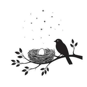 negro silueta de un pájaro en un rama con un nido y huevo rodeado por estrellas árbol vector