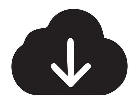 negro nube icono con hacia abajo flecha, aislado en blanco antecedentes. concepto de descargar, nube informática, datos transferir, Internet símbolo, en línea almacenamiento, gráfico diseño elemento vector