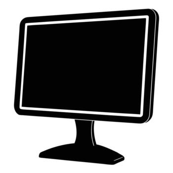 Black silhouette of a desktop computer monitor with a white outline on a white background screen vector