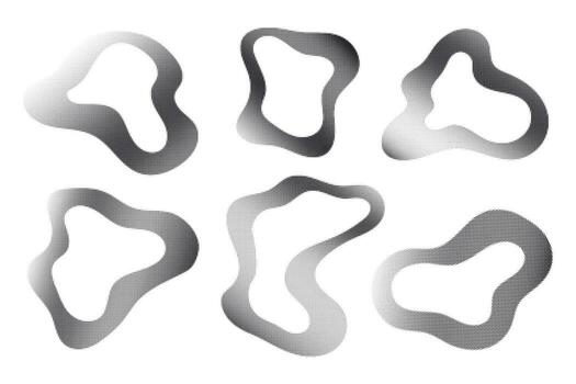 Abstract halftone wavy shapes set. Modern distorted liquid forms with gradient dot texture. Futuristic design for posters, branding, digital art, backgrounds, motion graphics, and creative projects. vector