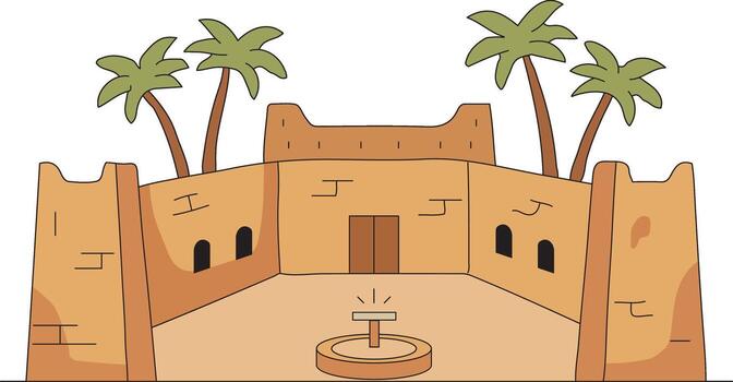 Adobe courtyard with palm trees fountain and crenelated walls vector