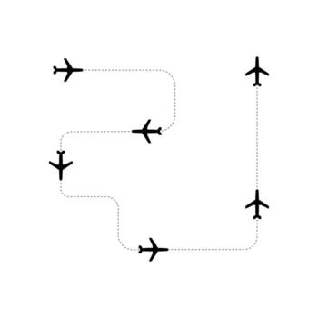 Airplane with a dotted line route, showing a flying plane with curved, twisted, and straight dashed path traces vector