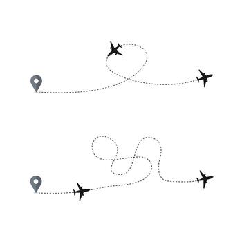 Airplane with a dotted line route, showing a flying plane with curved and straight dashed path traces vector