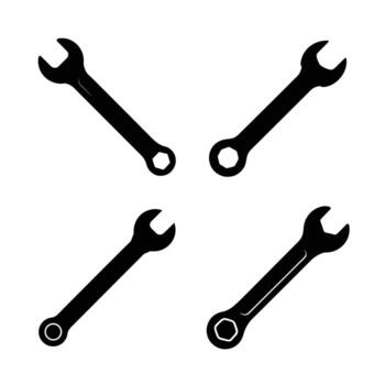 Tools DIY Equipment Silhouettes Open End Wrench and Spanner Icon Set Isolated on White Background vector