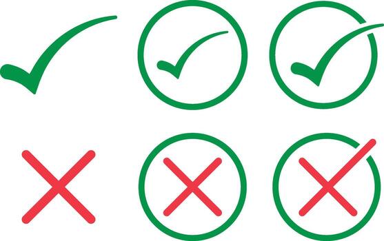 Green check mark and red cross symbols isolated on white background for correct and incorrect choices vector