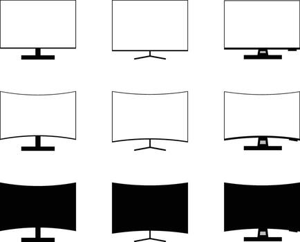 Monitor icon set, including flat and curved screens, isolated on white background for various applications vector