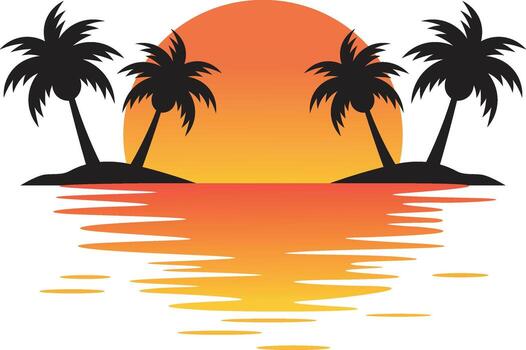 Tropical sunset scene with palm trees isolated on white background, reflecting in the ocean, creating a serene landscape vector