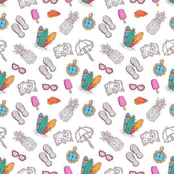 Seamless Pattern of Summer Elements with Surfboard, Pineapple, Beach Umbrella, and Ice Cream vector
