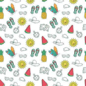 Seamless Pattern of Summer Elements with Watermelon, Surfboard, Pineapple, and Slippers vector