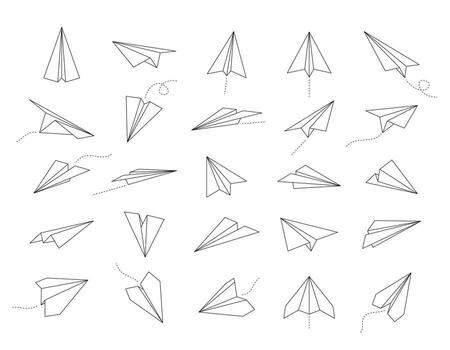 Paper airplane. Outline flying planes from different angles and direction with dotted track, travel or message symbols, linear set. Curved route with aircraft for mail delivery vector