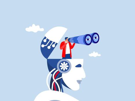 See business opportunity Creativity with ai robot businessman look through telescope or binoculars with big eye.vision to discover new solution or idea, curiosity, searching for success concept, vector