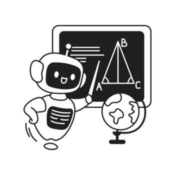 Friendly robot with pointer explaining geometry at blackboard. Blackboard features triangle diagram. Globe present, emphasizing educational theme. Black and white style. vector