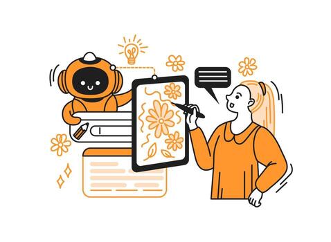 Digital illustration featuring a cheerful robot and an artist. The robot suggests ideas, while the artist draws floral patterns. Bright orange and black create a playful mood. vector