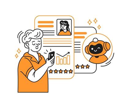 Happy man interacts with smartphone displaying AI avatar. User experience and ratings shown in orange and black style. Represents technology and communication. vector