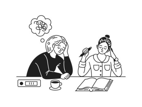 Two women sitting at a table, deep in thought. One has a confused expression with a thought bubble. The other is holding a pen over an open book. Black and white line art. vector