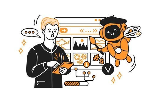 Digital illustration of a person and a friendly robot collaborating in creative work. The robot holds a palette and brush, symbolizing artistic innovation and technology. vector