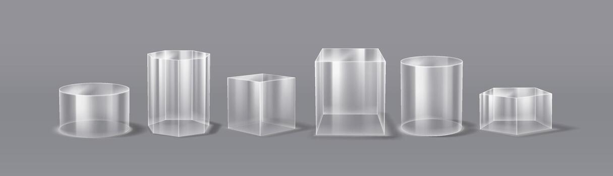 Collection of geometric podium glass in 3D style on a gray backdrop. Cylinders, cubes, and hexagons showcase modern design and versatility for various applications. vector