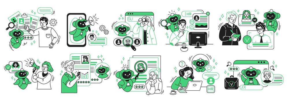 serie de ilustraciones presentando un robot ayudando personas en hora tareas. atractivo con documentos, pantallas, y los usuarios en un interactivo, Enfocado en la tecnología ajuste. vibrante verde acentos vector