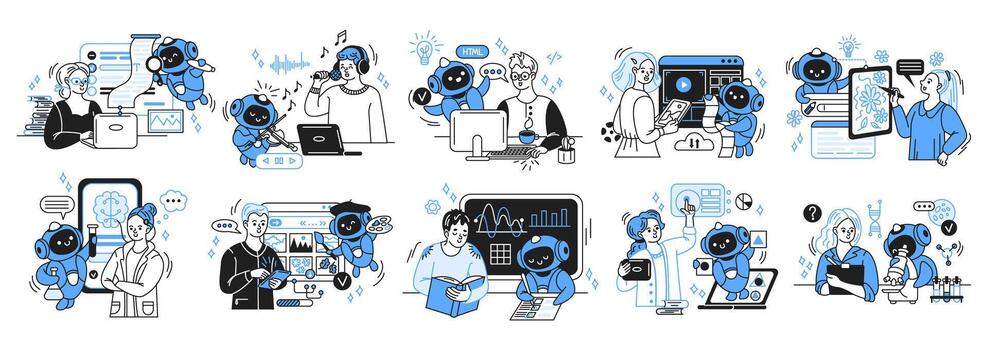 robots y humanos comprometido en varios tecnología Tareas con un futurista sentir. vitrinas trabajo en equipo en diverso campos me gusta codificación, arte, enseñando, y Ciencias en un blanco antecedentes. vector