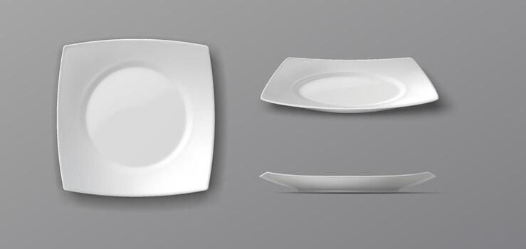 Three white plates in different angles on gray background. Simple modern design. Perfect for tableware or kitchen use. Clean and minimalist style. Ideal for dining settings. vector