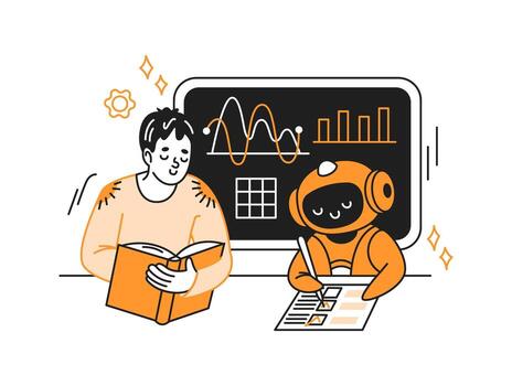 Person reading a book while a robot writes on paper. Both engaged in learning against a backdrop of graphs and charts. Style is orange and black line art. vector