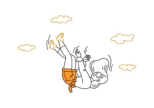 Line art of a woman joyfully falling through a sky surrounded by clouds. The figure is in orange and white, emphasizing a sense of freedom against a minimal backdrop. vector