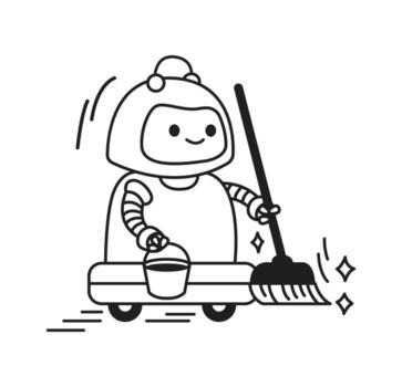 Charming cartoon robot happily sweeping floor. It carries a bucket with a joyful expression. Minimalist black and white style conveys advanced automation and efficiency. vector