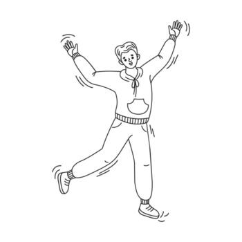 Black and white illustration of a joyful boy jumping high. Energetic movement and happy expression convey a sense of freedom. Minimalist line art style on a plain background. vector