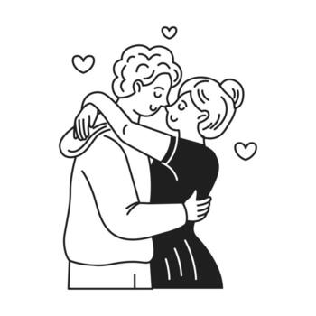 Digital illustration of a couple embracing lovingly with a few heart shapes around them. Black and white line art captures romantic affection on plain background. vector