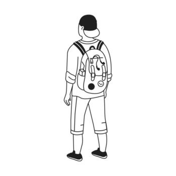 Black and white illustration of a person from behind with a backpack. Simple lines and casual attire create a relaxed mood. Ideal for education and travel themes. vector