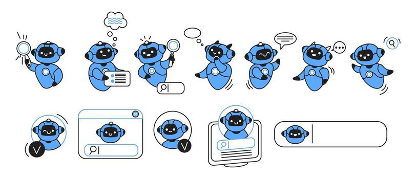 Illustration of playful blue artificial intelligence characters with cheerful expressions, showcasing diverse actions like searching and thinking against a simple white background. vector