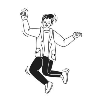 Black and white illustration of a joyful character energetically jumping. Features dynamic lines portraying movement and excitement. Ideal for energetic designs. vector