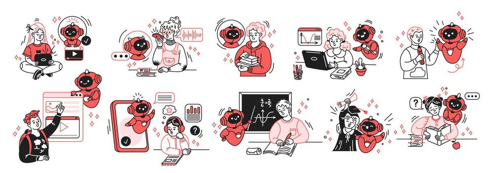 Illustration of cartoon characters engaging with friendly artificial intelligence in educational settings. Features elements of learning and technology integration in simple colors. vector
