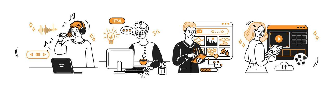 ilustración de creativo profesionales en digital entornos. personas comprometido en música producción, codificación, gráfico diseño, y edición en blanco antecedentes. vector