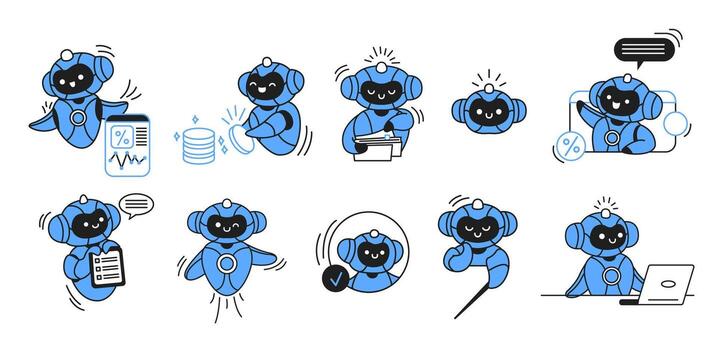 Cute blue artificial intelligence illustrations with cheerful expressions performing various tasks like reading, computing, and communicating. Modern, simple design on a white background. vector