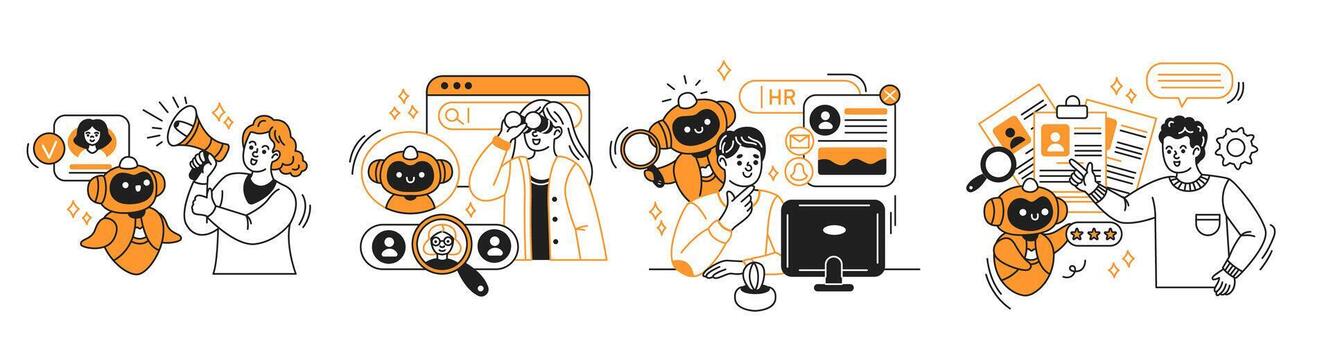 Set of illustrations showing diverse business scenes. Features humans interacting with robots, searching for candidates, and communicating. Orange and black theme gives a modern tech vibe. vector