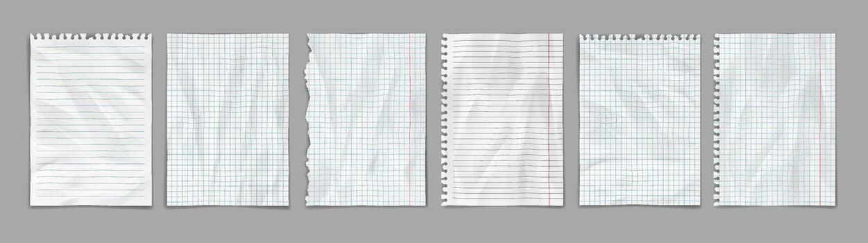 Collection of torn notebook paper sheets in realistic style. Includes lined and graph paper with textured creases. Ideal for academic or design projects. vector