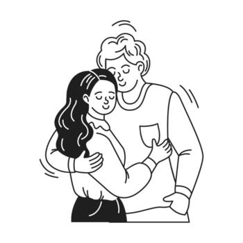 Illustration of a couple in a warm embrace. Drawn in black and white. Depicts affection and connection. Simplistic lines and minimalistic style. vector