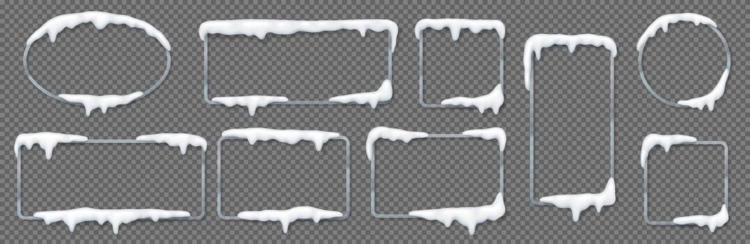 Set of frames adorned with snow on a background. Features different shapes and snow formations. Ideal for winterthemed designs and crafts. vector