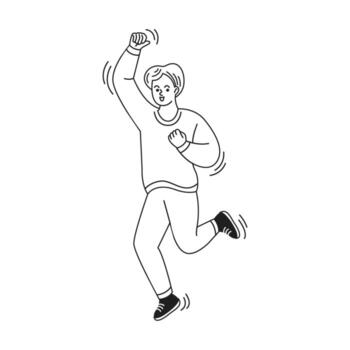An energetic person depicted in line art style. Expressive and joyful. Arms raised in excitement. Dynamic motion captured on a clean white background. vector