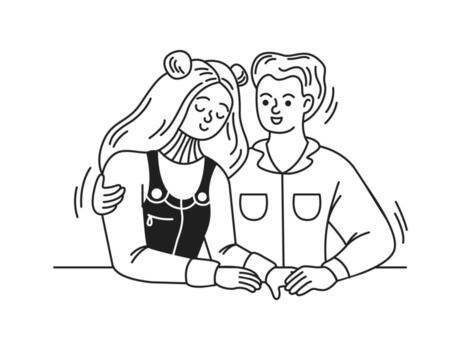 Cute couple in line art style shows affection through an embrace. Black and white illustration presents warmth and connection in simple, minimal design. vector