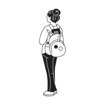 Illustration of a young girl in monochrome style carrying a backpack. Simple lines and clear design emphasize simplicity and practicality in an educational context. vector