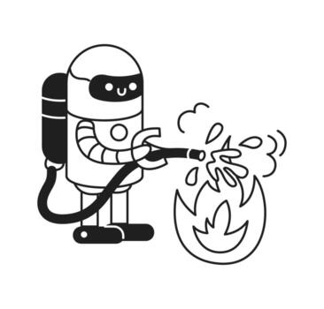 negro y blanco ilustración de un simpático robot bombero con un manguera. el robot es activamente extinguir dibujos animados llamas sencillo línea Arte estilo evoca divertida. vector