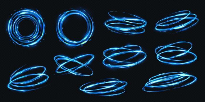 Digital art of bright blue light swirls on dark backdrop. Vivid neon circles and ellipses create dynamic energy. Perfect for tech themes and futuristic designs. vector