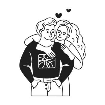 Monochrome illustration of a smiling couple hugging warmly. They express joy and affection. Hearts float above, symbolizing love and connection. vector