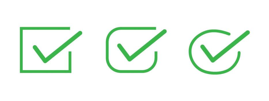 Three green check marks in different box shapes checkmark. vector