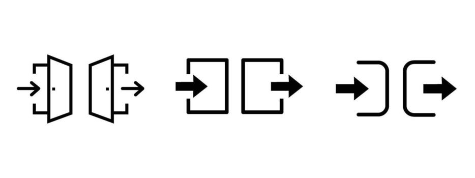 Three black arrow icons showing entry and exit login. vector