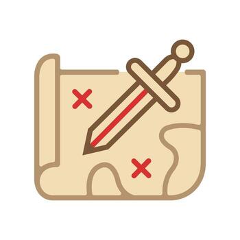 Treasure parchment shows two red marks, while a sword rests over the rolled map vector